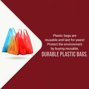 Stack of colorful reusable plastic bags with text promoting their durability and environmental benefits.