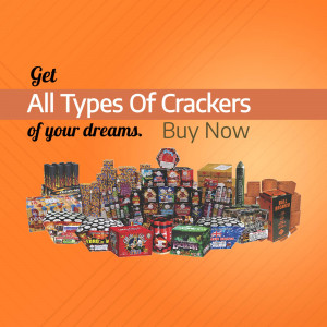 Assortment of firecrackers and fireworks with promotional text.