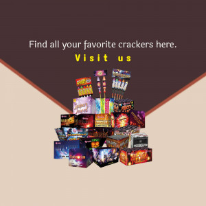 A colorful display of various firework packages stacked together with text promoting a fireworks store.