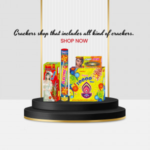 Assortment of colorful Diwali crackers displayed on a black pedestal with a 'Shop Now' button.