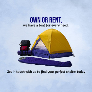 Image of a yellow and purple tent with camping gear, promoting tent rentals and sales.