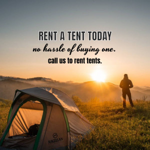 A tent pitched on a hilltop with a person looking at the sunset, promoting tent rentals.