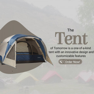Image of a modern, customizable tent with a call to action to order now.