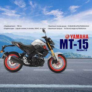 Side view of a grey Yamaha MT-15 Version 2.0 motorcycle with red accents.