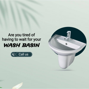 White wall-mounted wash basin with chrome faucet and promotional text.