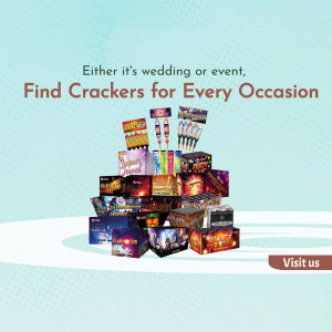 A colorful pyramid of various firecracker boxes with text promoting them for weddings and events.