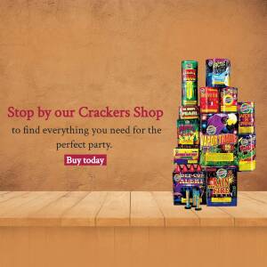 A promotional image for a crackers shop with a stack of colorful firecrackers and a call to action.