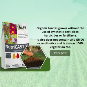 Image of NutriCAST premium organic fertilizer bag with a field in the background.