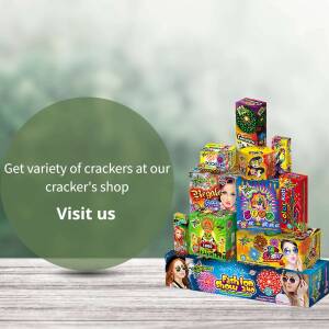Assorted Diwali crackers stacked on a wooden surface with promotional text.