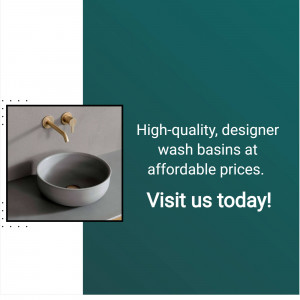 Close-up of a stylish grey wash basin with gold fixtures against a teal background with promotional text.