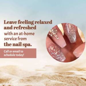 Close-up of beautifully decorated nails with a promotional message for an at-home nail spa service.