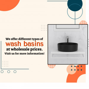 Modern black wash basin on a white vanity with promotional text.