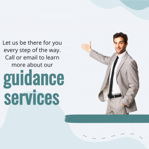 A professional man in a suit gesturing with his hand, promoting guidance services.