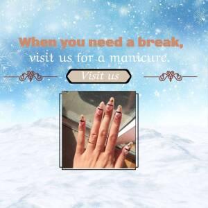 Image promoting a manicure service with a snowy background and a hand with nail art.