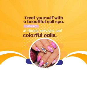 Colorful manicured nails with a promotional message for at-home nail spa services.