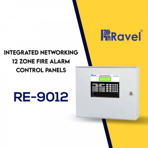 Ravel RE-9012 12 Zone Fire Alarm Control Panel - White metal box with display and buttons