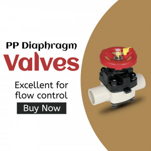 Close-up of a PP Diaphragm Valve with red handle and white piping
