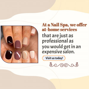 Close-up of manicured nails with text promoting at-home nail spa services.