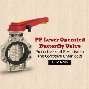 Close-up of a PP Lever Operated Butterfly Valve with text overlay