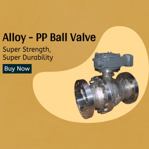 Close-up of a silver Alloy PP Ball Valve with a grey actuator, displayed on a gold background with a 'Buy Now' button.