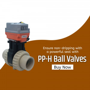 Close-up of a PP-H ball valve with text promoting its non-dripping seal and purchase option.