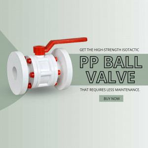 White and red PP Ball Valve with text overlay