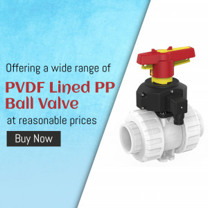 PVDF Lined PP Ball Valve with text overlay offering reasonable prices