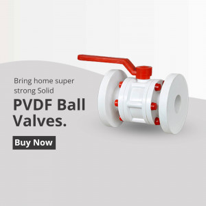White and red PVDF ball valve on a gray background with text promoting its strength.