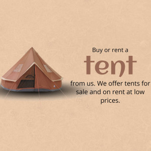Illustration of a bell tent with text promoting tent rentals and sales.