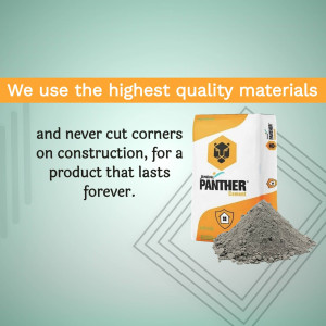 Panther Cement bag with pile of cement and quality assurance message