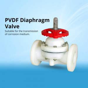 White and red PVDF diaphragm valve against a blue gradient background