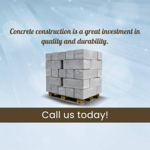 Stack of concrete blocks on a pallet with text promoting concrete construction as a good investment.