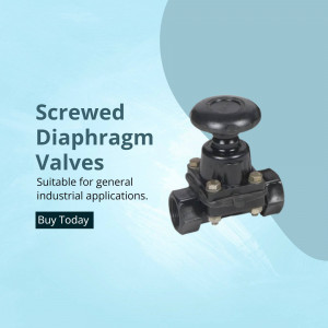 Black screwed diaphragm valve on a light blue background with text 'Screwed Diaphragm Valves'