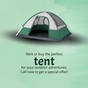 Green and white tent on a light green background with text promoting tent rentals and purchases.