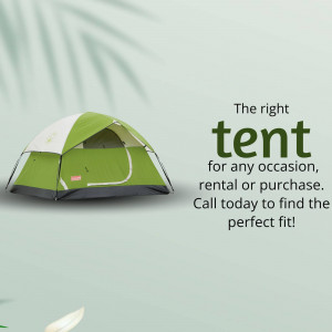 Green camping tent on a light green background with text promoting tent rentals and purchases.