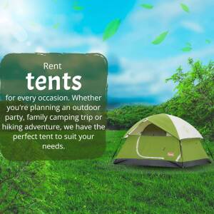 Green tent pitched on a grassy field with a blue sky and trees in the background, advertising tent rentals.
