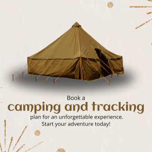A brown camping tent with text promoting camping and tracking experiences.