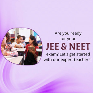 Image of a teacher assisting students with tablets, promoting JEE & NEET exam preparation.