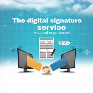 Illustration of digital signature process with computers, contract, and handshake.