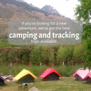 Colorful camping tents in a mountain valley with text overlay promoting camping and tracking trips.
