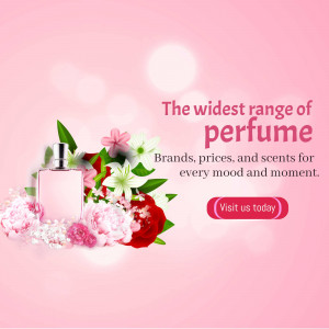 Advertisement for a wide range of perfumes with floral accents.