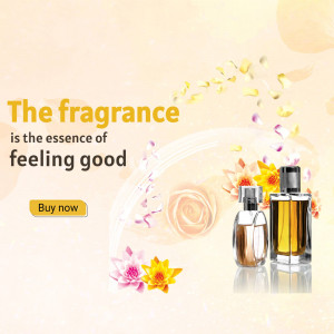 Perfume bottles and flowers with text 'The fragrance is the essence of feeling good'