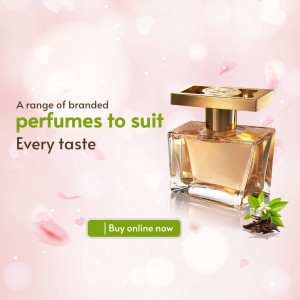 Elegant perfume bottle with floral accents and promotional text.
