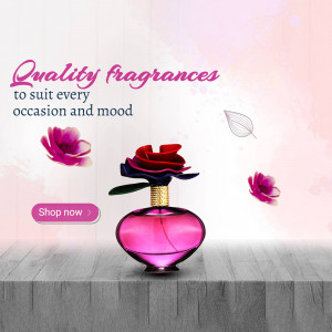 Perfume bottle with flowers and promotional text