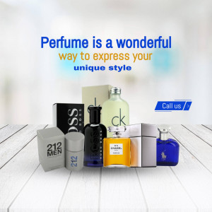 Assortment of popular perfume brands displayed on a wooden surface