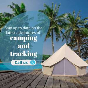 A white camping tent on a wooden deck with palm trees and a blue ocean in the background, promoting camping and tracking adventures.