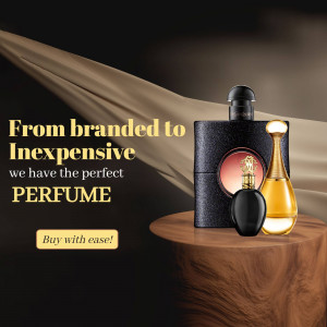 Advertisement featuring a black perfume bottle and a golden perfume bottle on a wooden surface with text promoting affordable fragrances.
