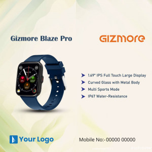 Gizmore Blaze Pro Smartwatch with blue strap and key features listed