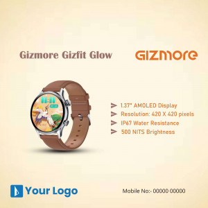 Gizmore Gizfit Glow Smartwatch with brown strap on a light orange background