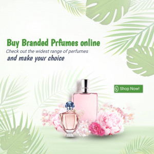 Advertisement for branded perfumes with floral background and perfume bottles.
